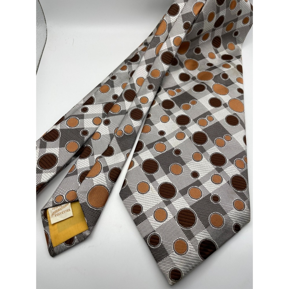 Vintage Carter Holmes Mens Tie Brown Tan Geometric Polka Dot Plaid Polyester